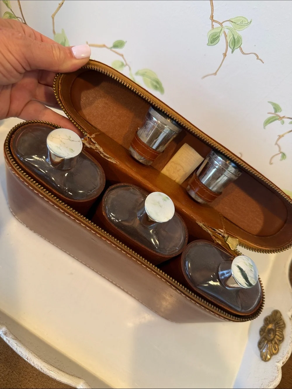 Vintage Leather Travel Bar Flask Case by Tommy Traveler